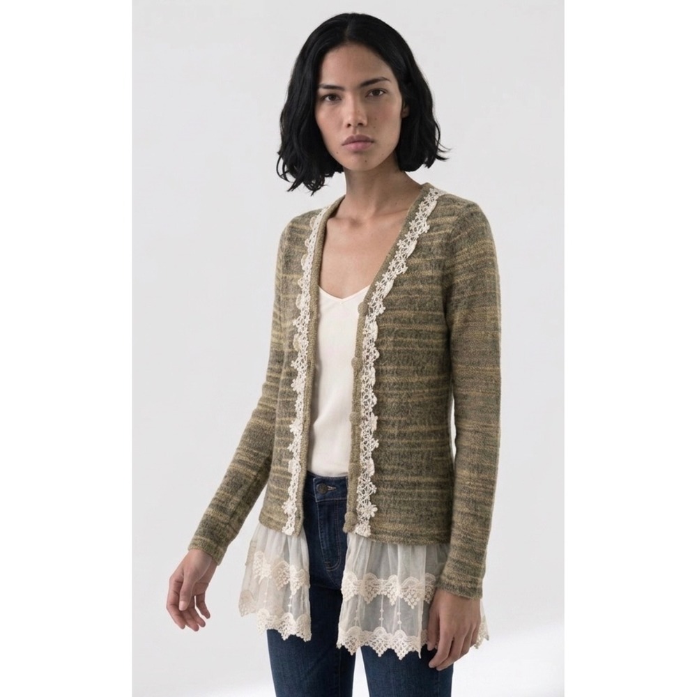 A'reve Anthropologie Lace Trim Knit Cardigan Womens Small Olive Green Excellent